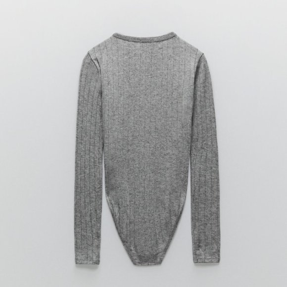 ZARA GRAY STRETCH BUTTONED RIBBED POLO BODYSUIT - Picture 3 of 4